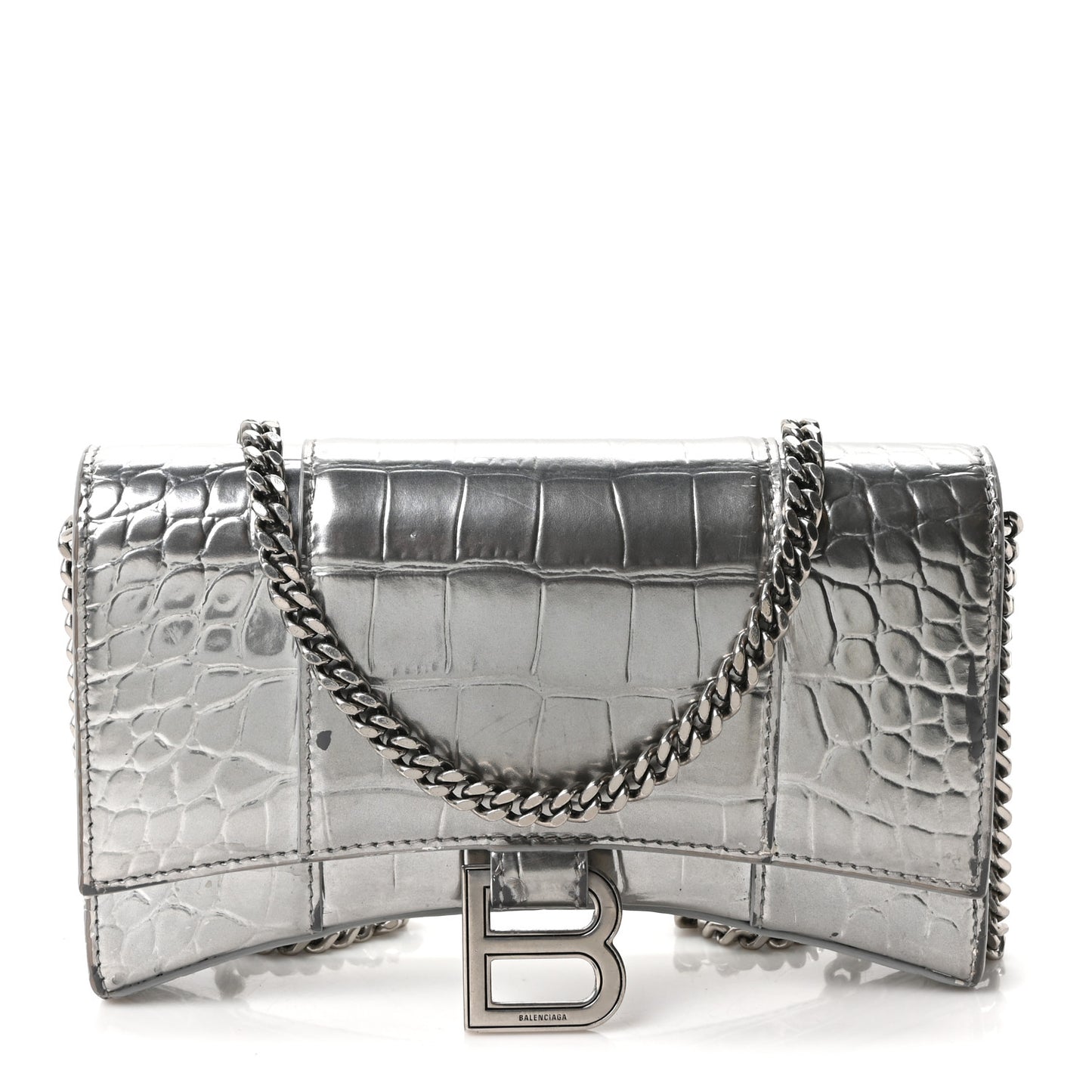 Metallic Calfskin Crocodile Embossed Hourglass Chain Bag Silver