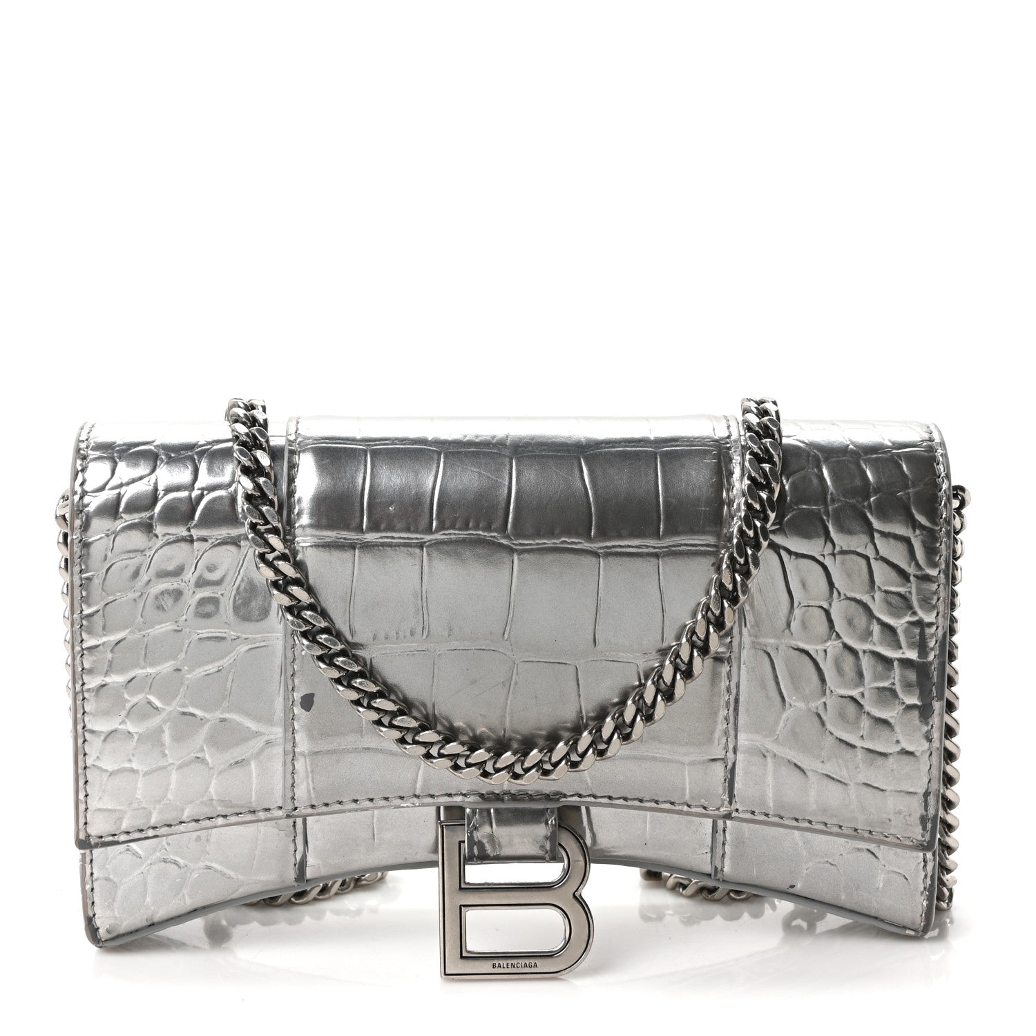 Balenciaga Metallic Calfskin Crocodile Embossed Hourglass Chain Bag Silver 1 of 12