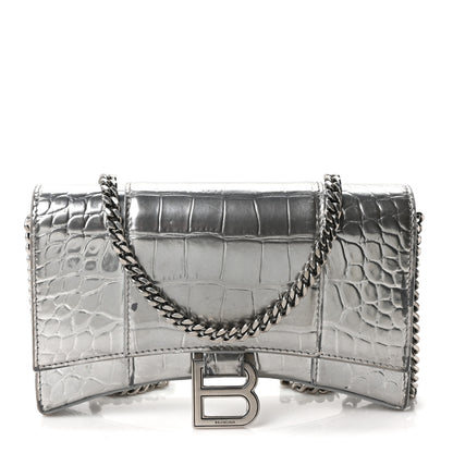 Balenciaga Metallic Calfskin Crocodile Embossed Hourglass Chain Bag Silver 1 of 12