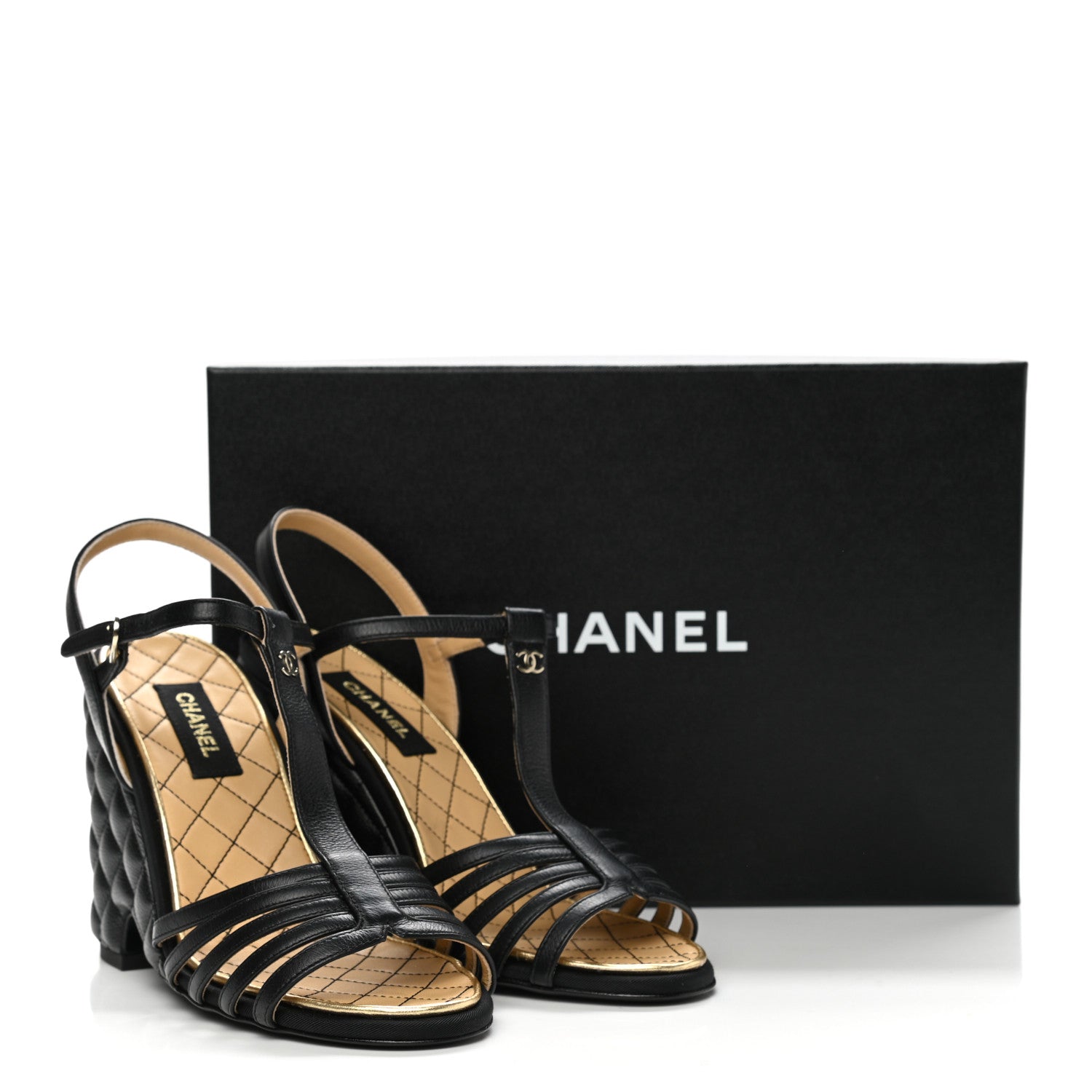 Chanel Grained Calfskin Quilted Wedge Sandals 38 Black 9 of 9