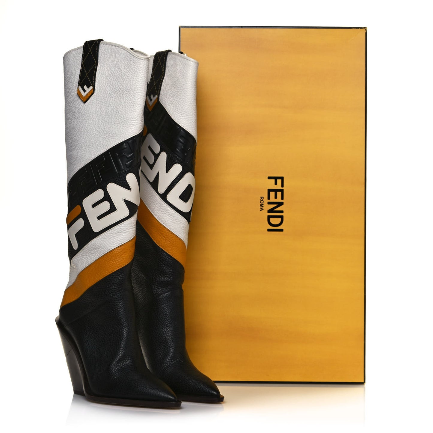 X FILA Grained Calfskin Mania FF 1974 Embossed Cutwalk Tall Boots 41 Black Zucca White
