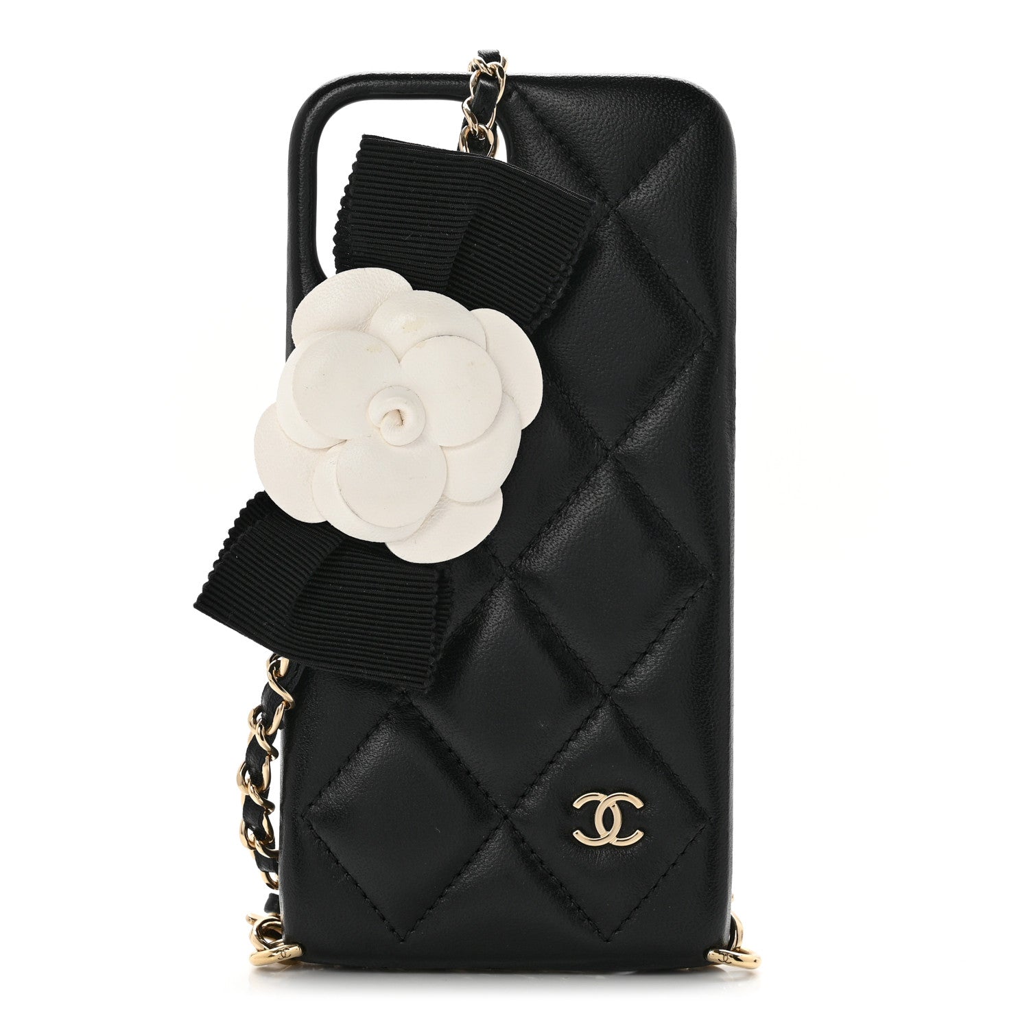 Chanel Lambskin Quilted Camellia Bow iPhone XII Pro Holder With Chain Black 1 of 6