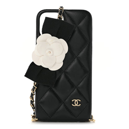 Chanel Lambskin Quilted Camellia Bow iPhone XII Pro Holder With Chain Black 1 of 6