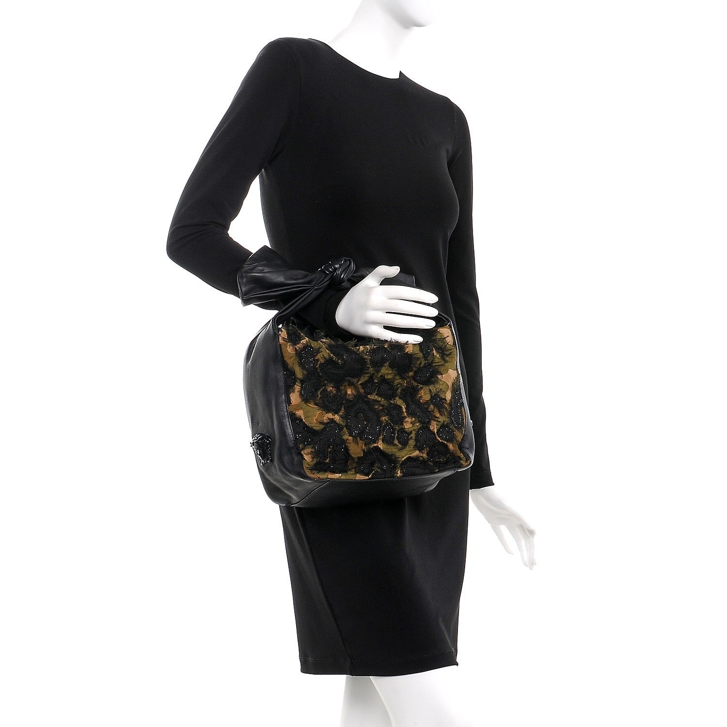 Versace Calfskin Sequin Embellished Printed Palazzo Bow Bag Black 2 of 7
