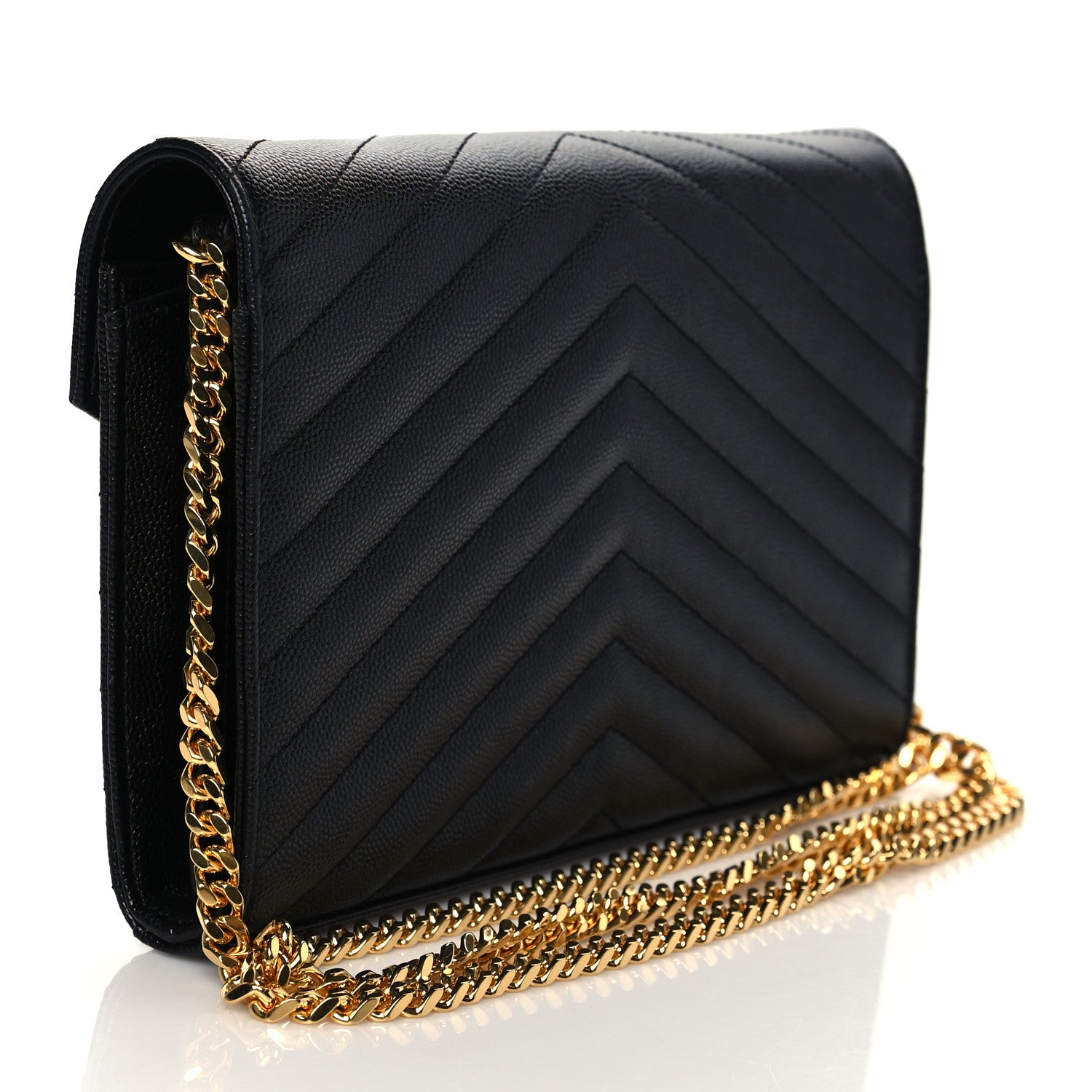 Saint Laurent Grain De Poudre Matelasse Chevron Monogram Chain Wallet Black 3 of 8