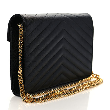 Saint Laurent Grain De Poudre Matelasse Chevron Monogram Chain Wallet Black 3 of 8