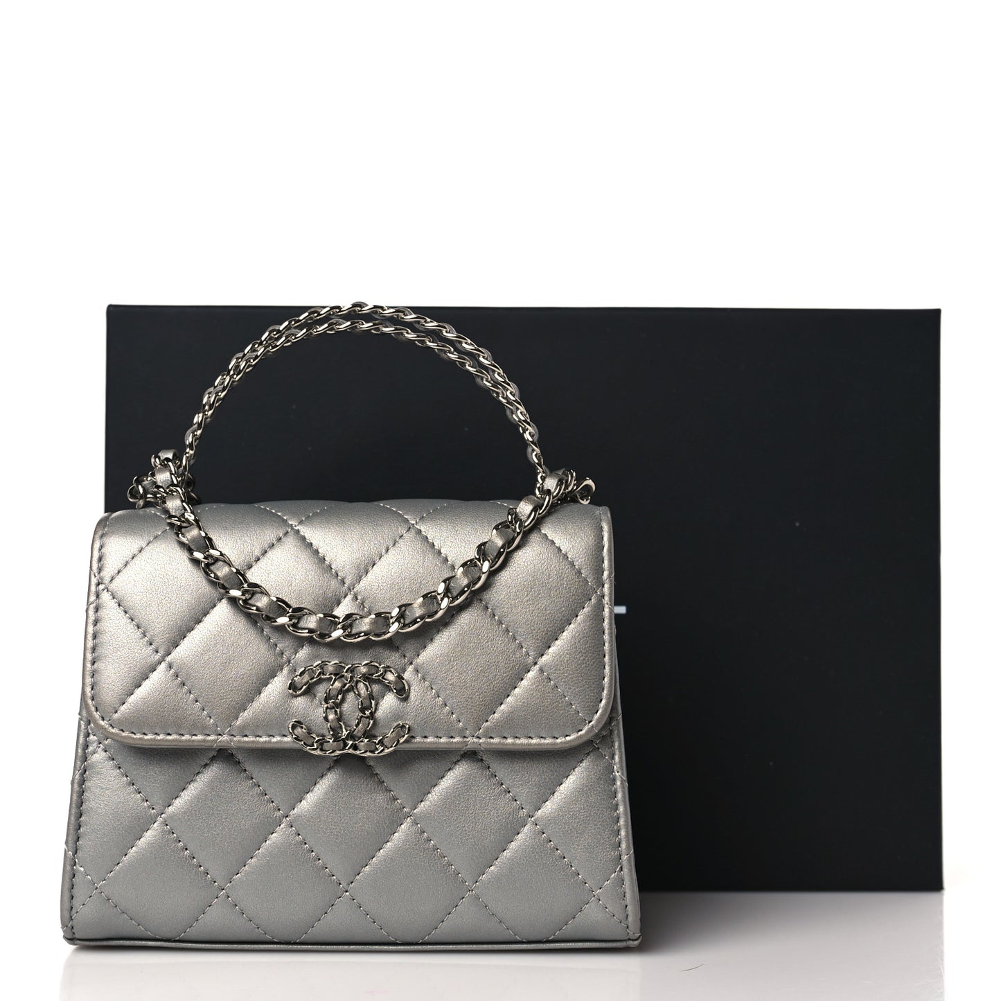 Metallic Lambskin Quilted Chain CC Top Handle Clutch With Chain Silver