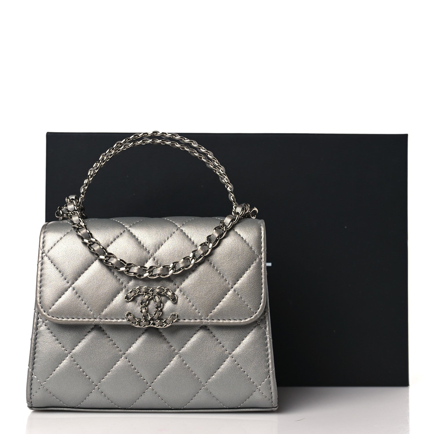 Chanel Metallic Lambskin Quilted Chain CC Top Handle Clutch With Chain Silver 10 of 10