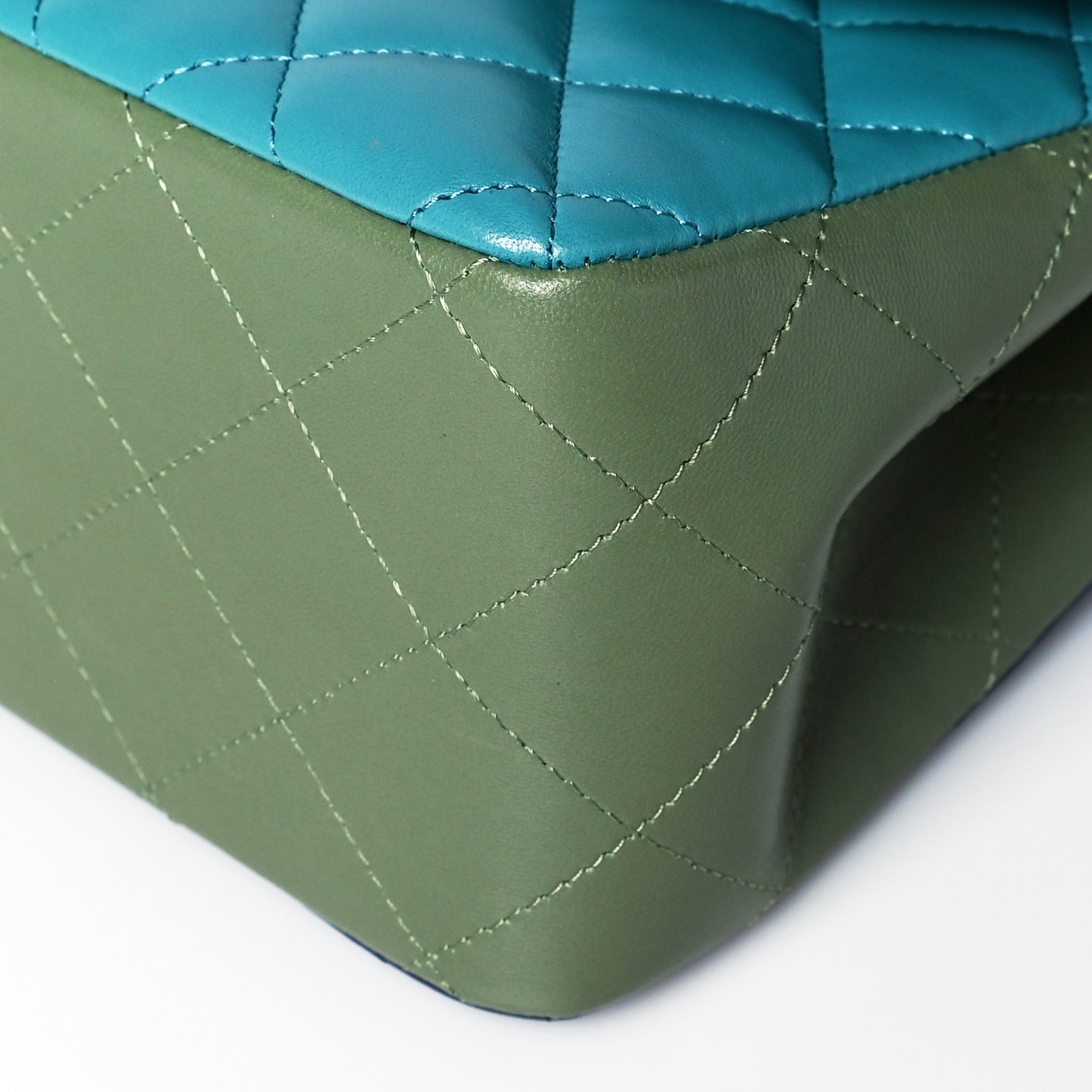Lambskin Quilted Tri-Color Jumbo Double Flap Navy Blue Green