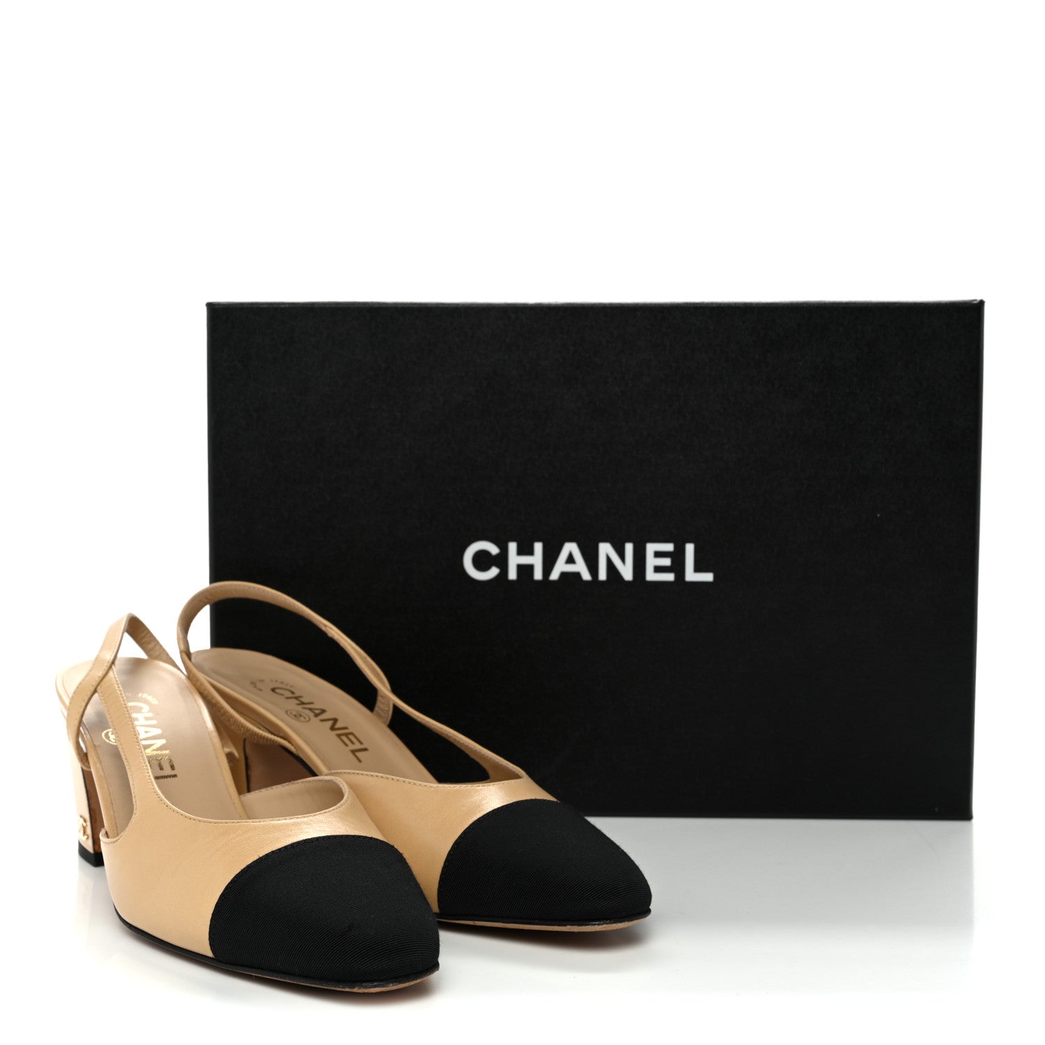 Chanel Goatskin Grosgrain Cap Toe CC Slingback Pumps 36 Beige Black 10 of 10