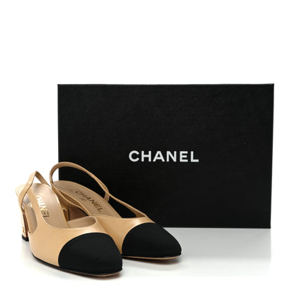 Chanel Goatskin Grosgrain Cap Toe CC Slingback Pumps 36 Beige Black 10 of 10