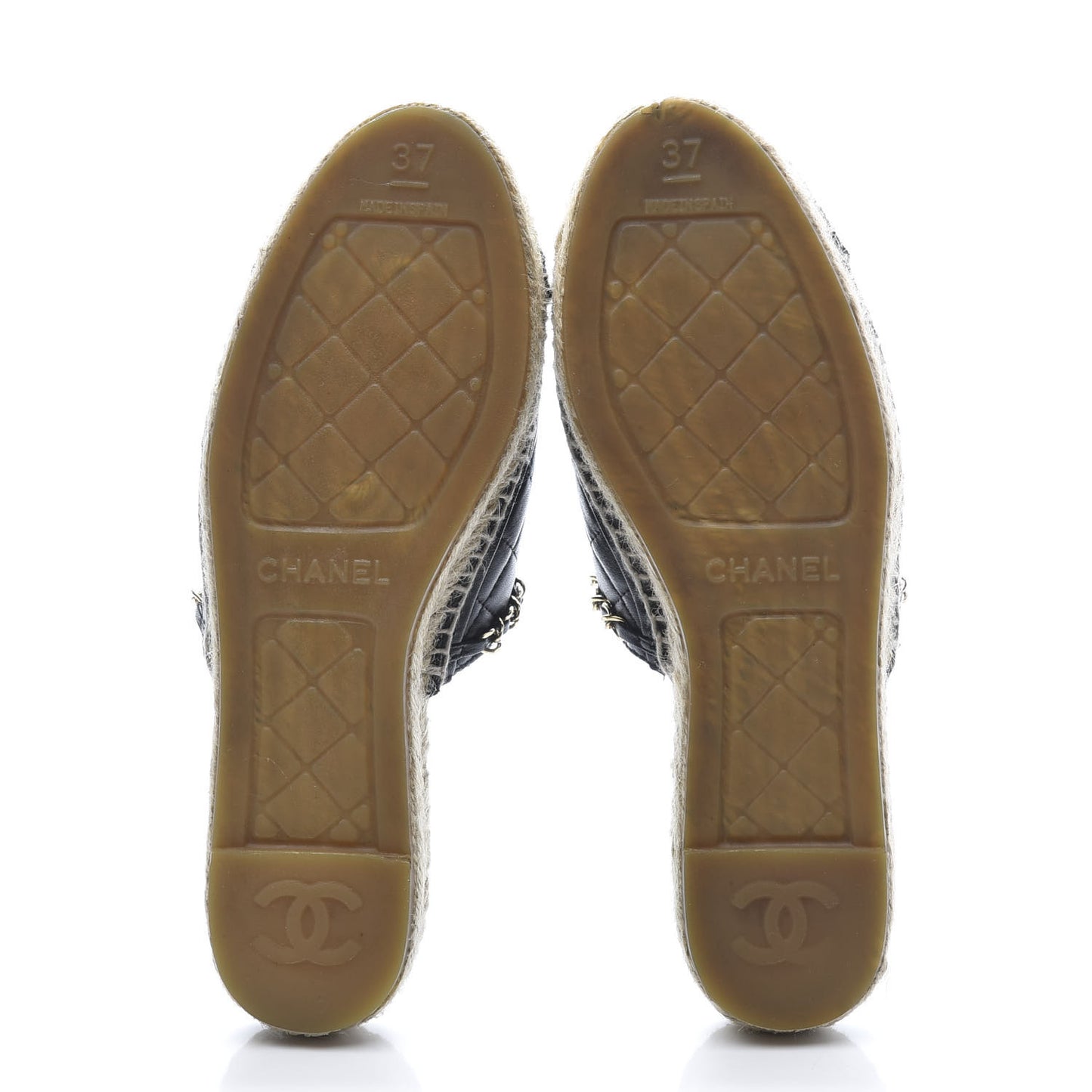 Lambskin Grosgrain Quilted CC Chain Espadrille Mules 37 Black