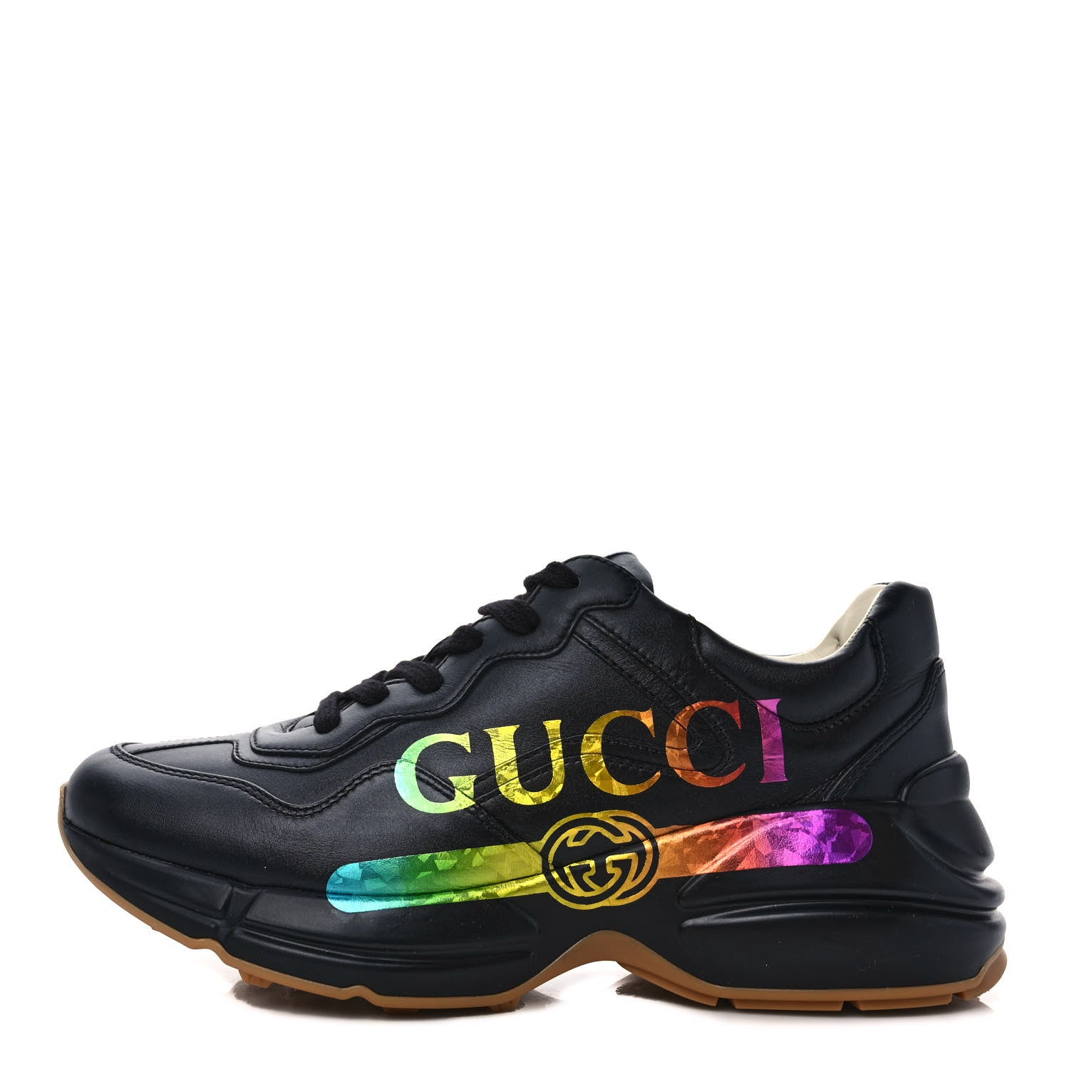 Gucci Calfskin Iridescent Logo Womens Rhyton Sneakers 37 Black 1 of 8