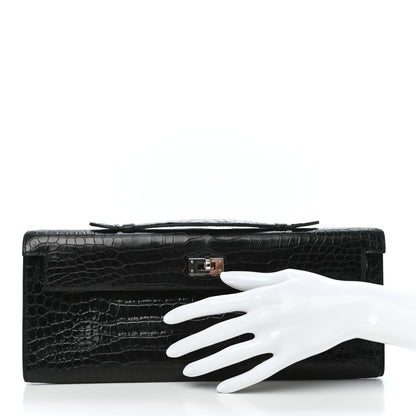 Hermes Matte Porosus Crocodile Kelly Cut Pochette Black 2 of 7