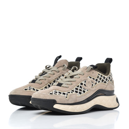 Chanel Suede Calfskin Embroidered CC Sneakers 38 Beige Black 3 of 18
