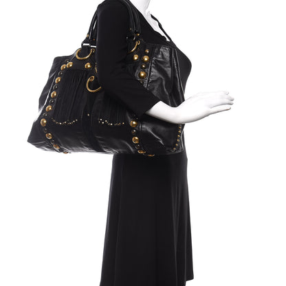 Gucci Calfskin Suede Fringe Large Babouska Tote Black 2 of 11