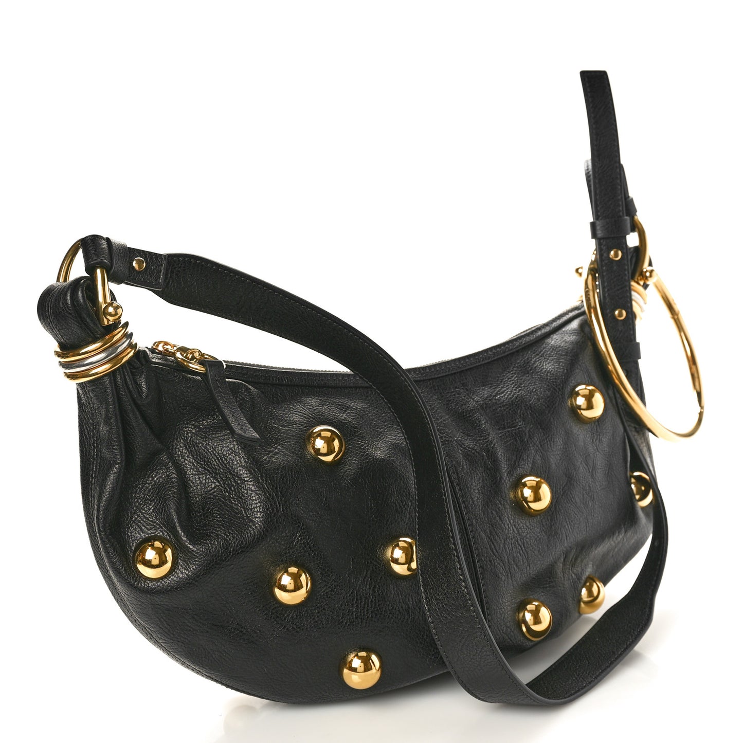Calfskin Studded Small Bracelet Hobo Bag Black