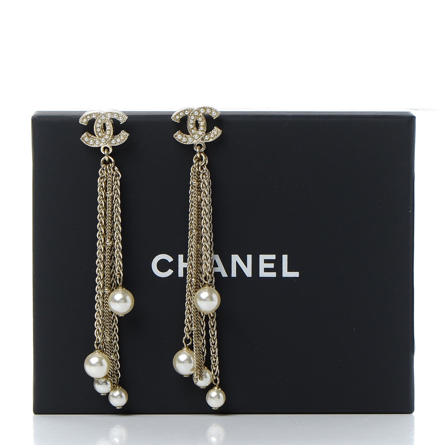 Pearl Chain CC Dangle Earrings Gold