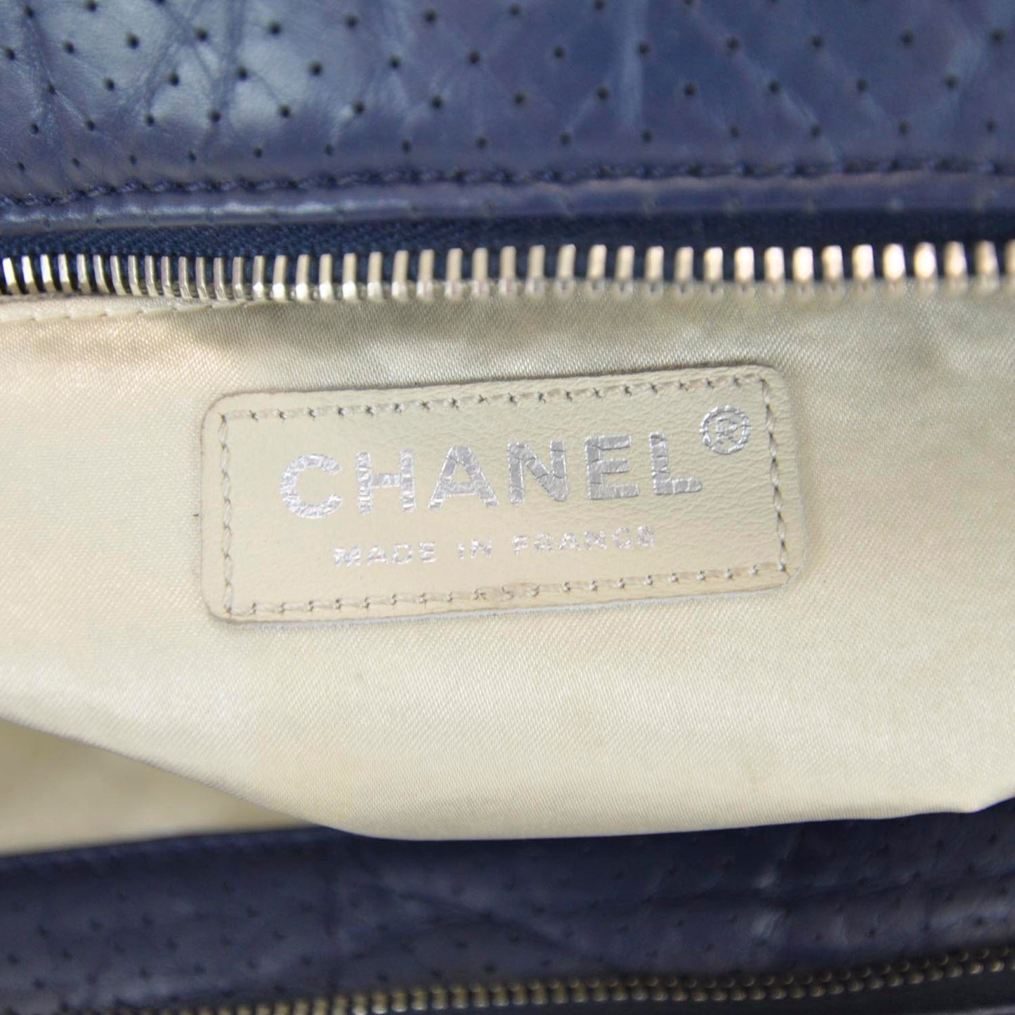 Aged Calfskin Perforated Tote Navy