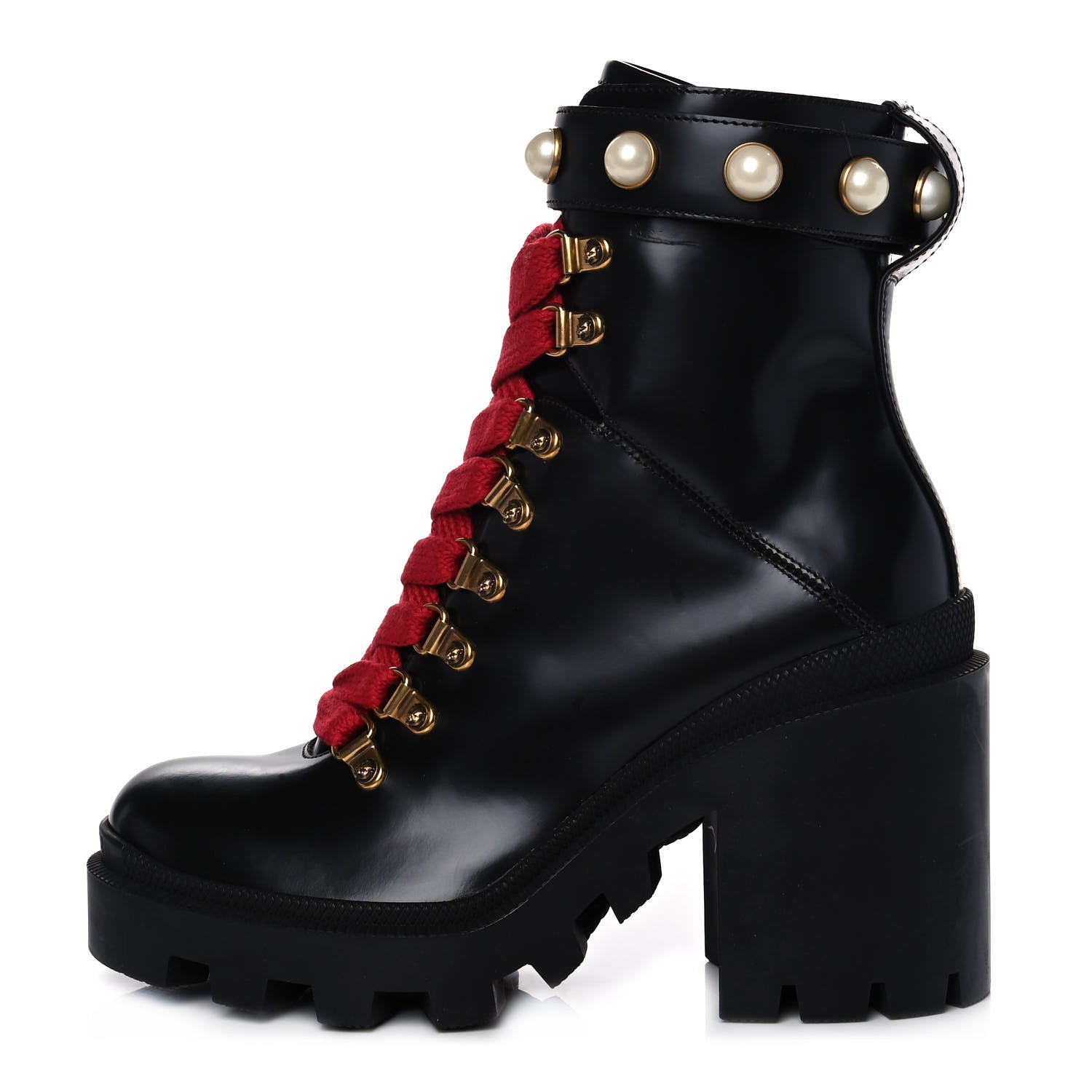 Gucci Magnum Calfskin Pearl Lace Up Combat Ankle Boots 35 Black 1 of 10