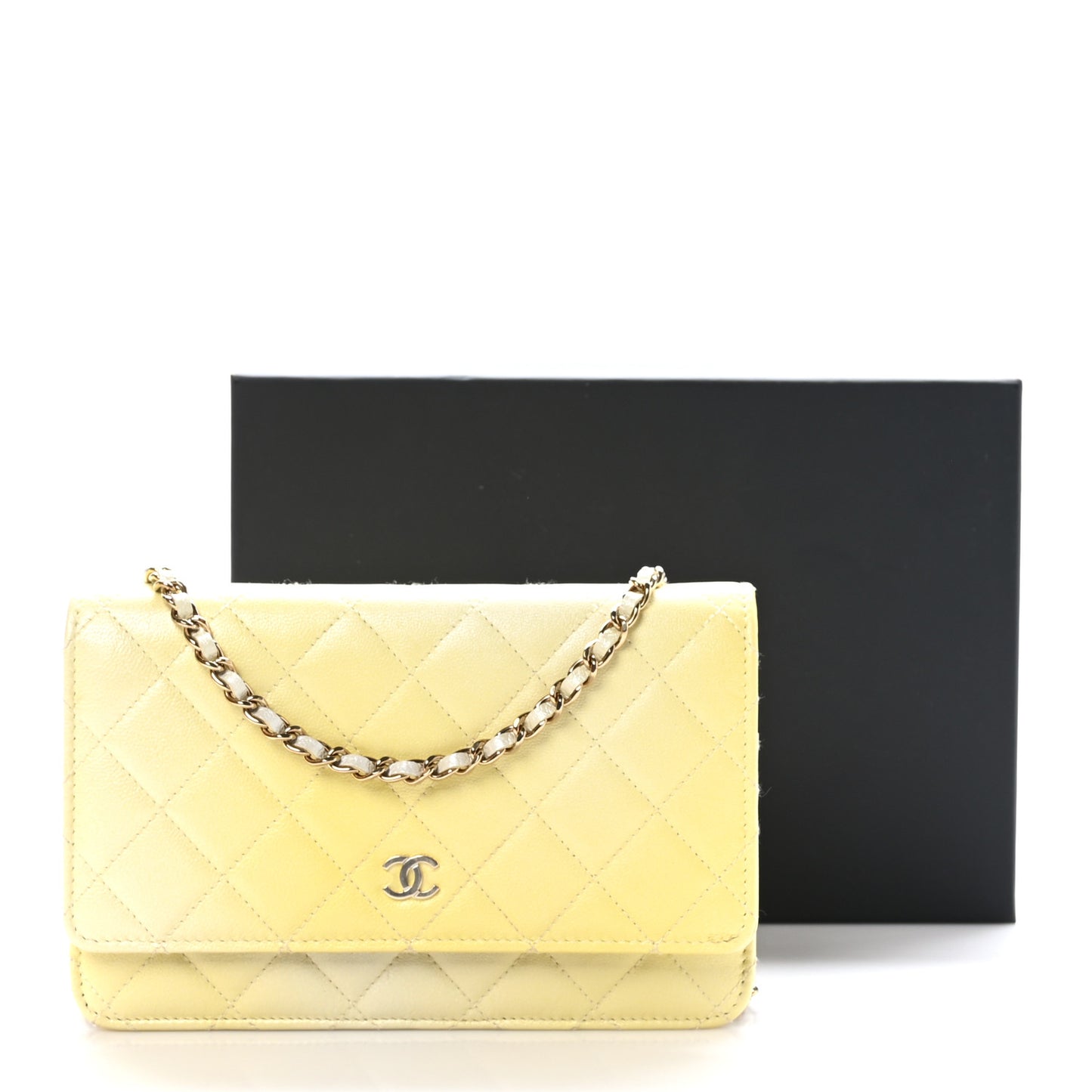 Cloudy Pearly Goatskin Quilted Wallet on Chain WOC Light Yellow