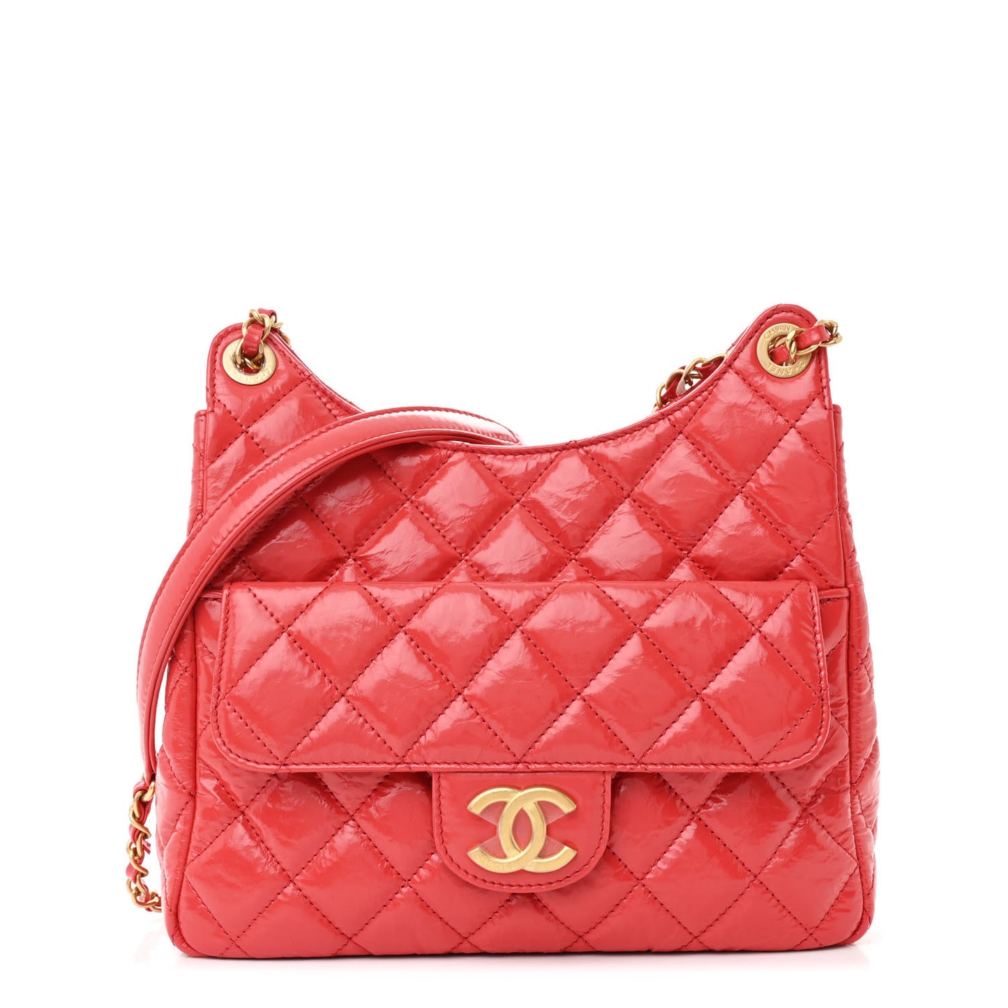 Shiny Crumpled Calfskin Quilted Wavy CC Hobo Red