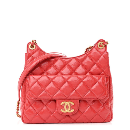 Chanel Shiny Crumpled Calfskin Quilted Wavy CC Hobo Red 1 of 12