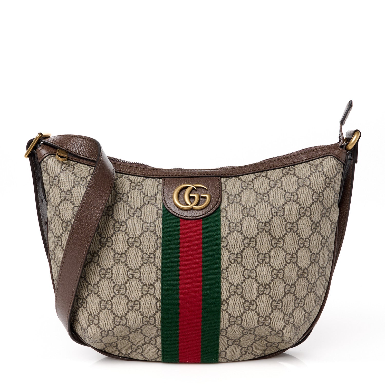 Gucci GG Supreme Monogram Textured Dollar Calfskin Web Small Ophidia Half Moon Hobo Beige Ebony New Acero 1 of 12