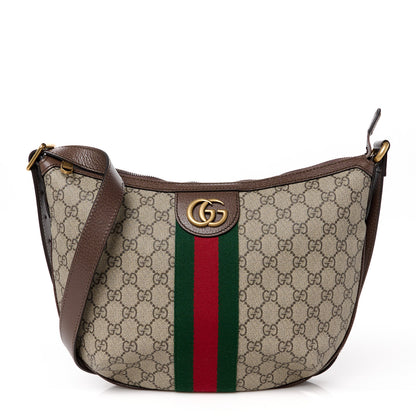 Gucci GG Supreme Monogram Textured Dollar Calfskin Web Small Ophidia Half Moon Hobo Beige Ebony New Acero 1 of 12
