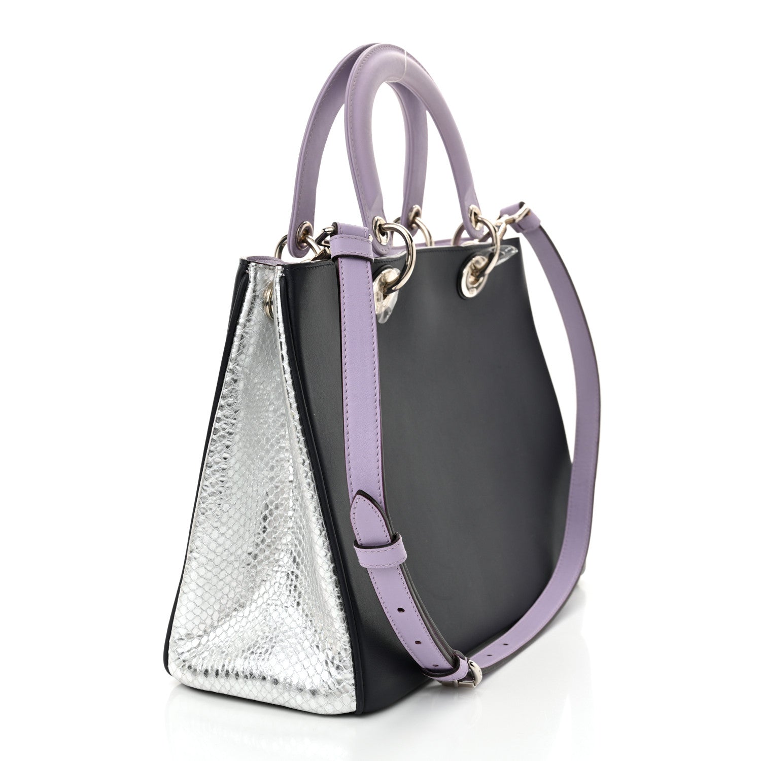 Christian Dior Calfskin Snakeskin Medium Diorissimo Tote Navy Purple Silver 4 of 12