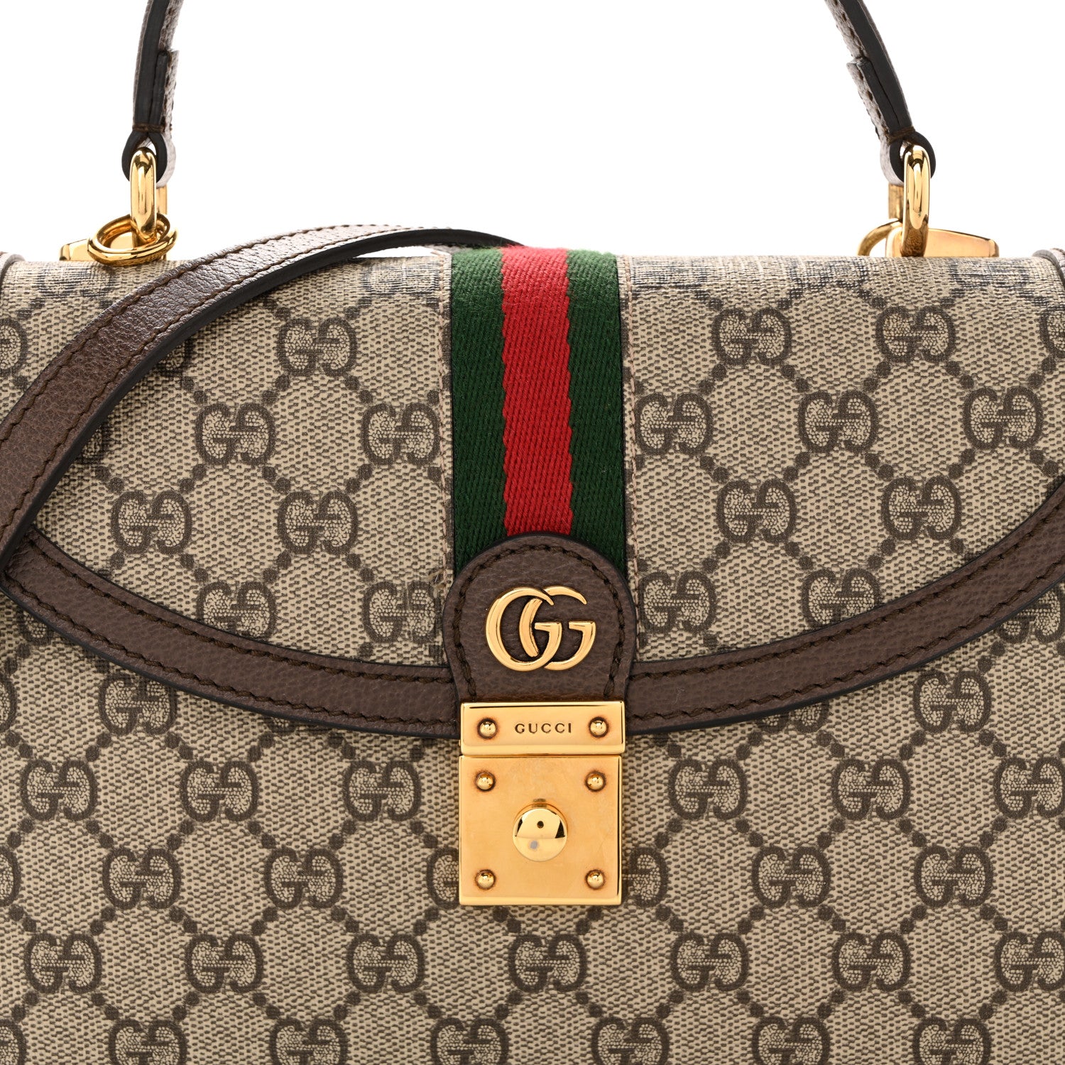 Gucci GG Supreme Monogram Textured Dollar Calfskin Web Small Ophidia Padlock Top Handle Bag Beige Ebony New Acero 8 of 13