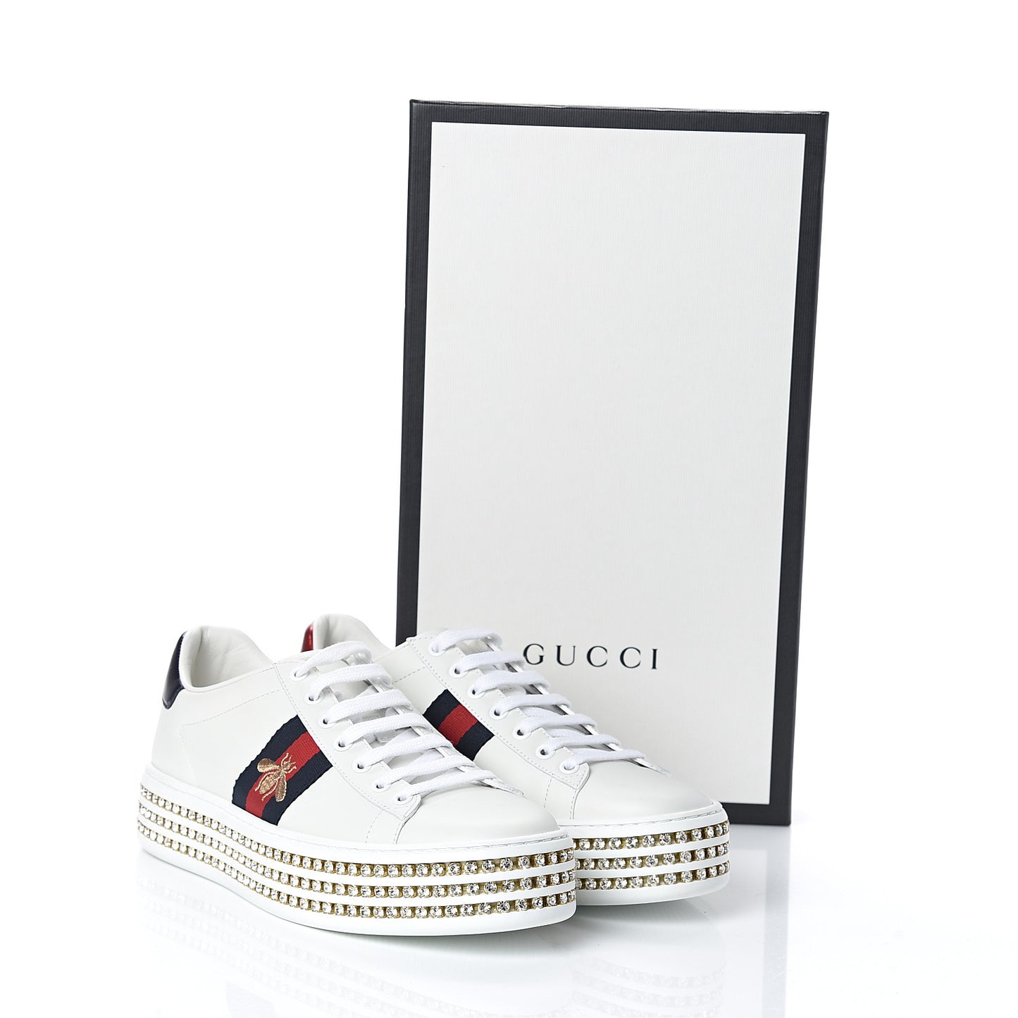 Calfskin Crystal Web Bee Embroidered Womens Ace Platform Sneakers 39 White