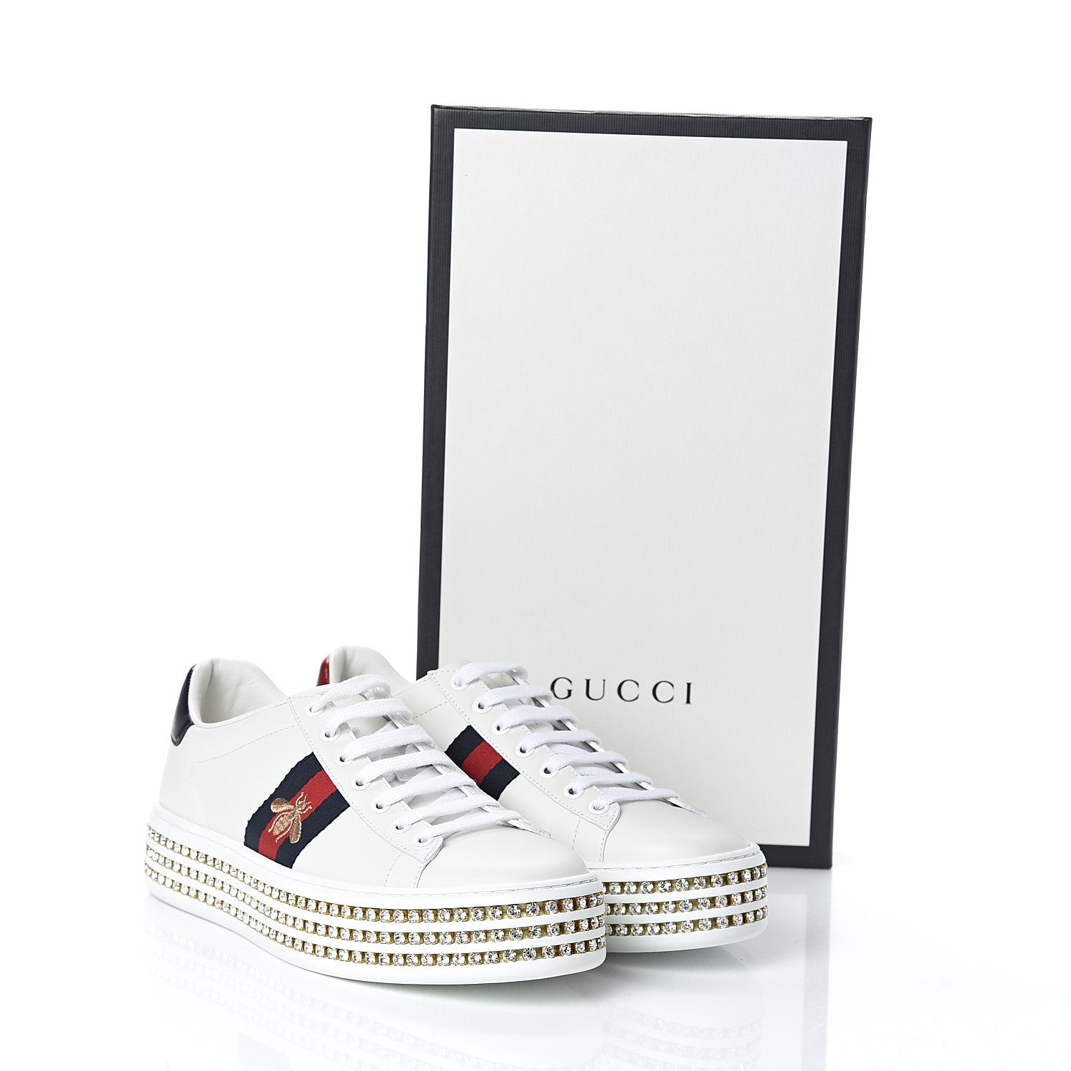 Gucci Calfskin Crystal Web Bee Embroidered Womens Ace Platform Sneakers 39 White 8 of 8