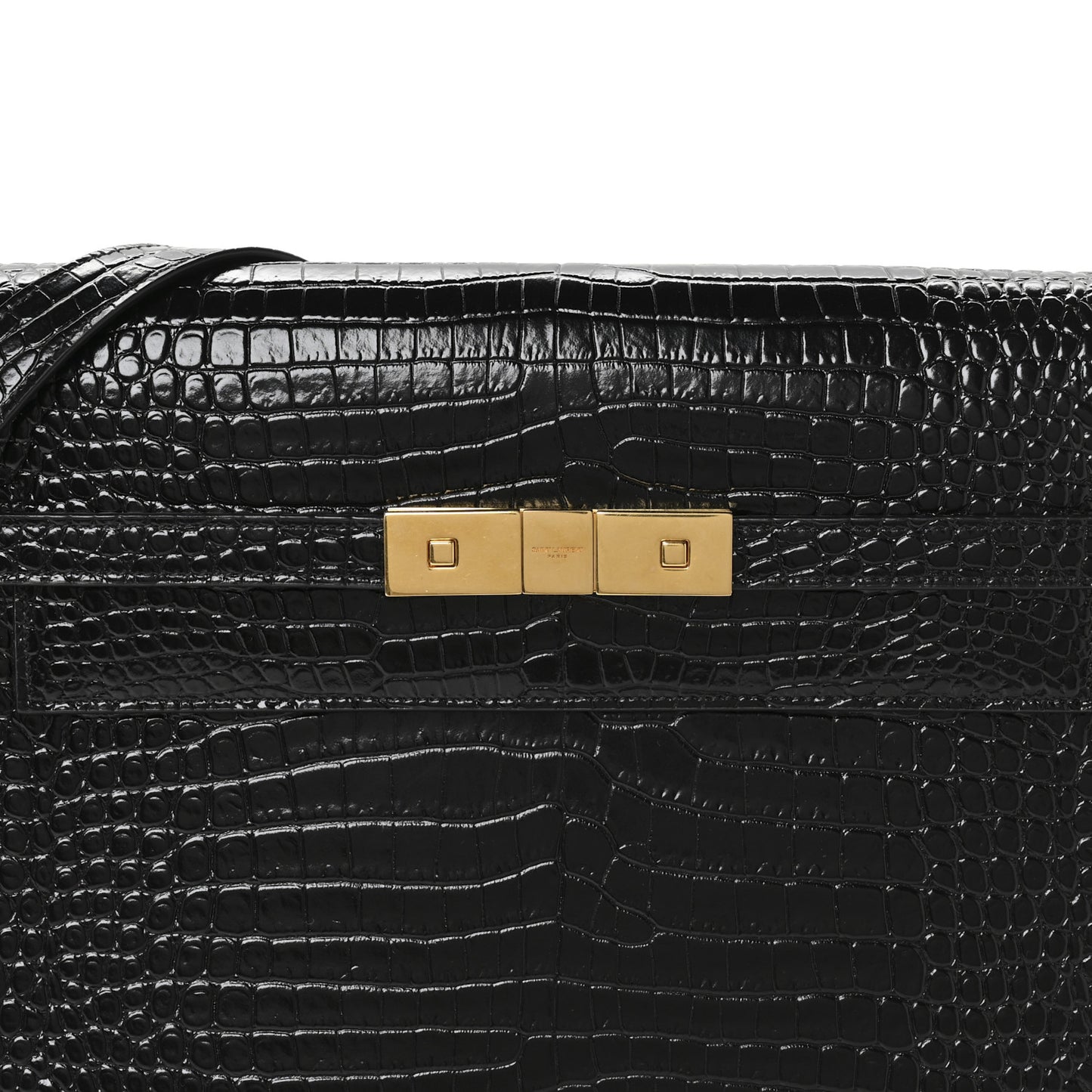 Shiny Calfskin Crocodile Embossed Manhattan Baguette Black