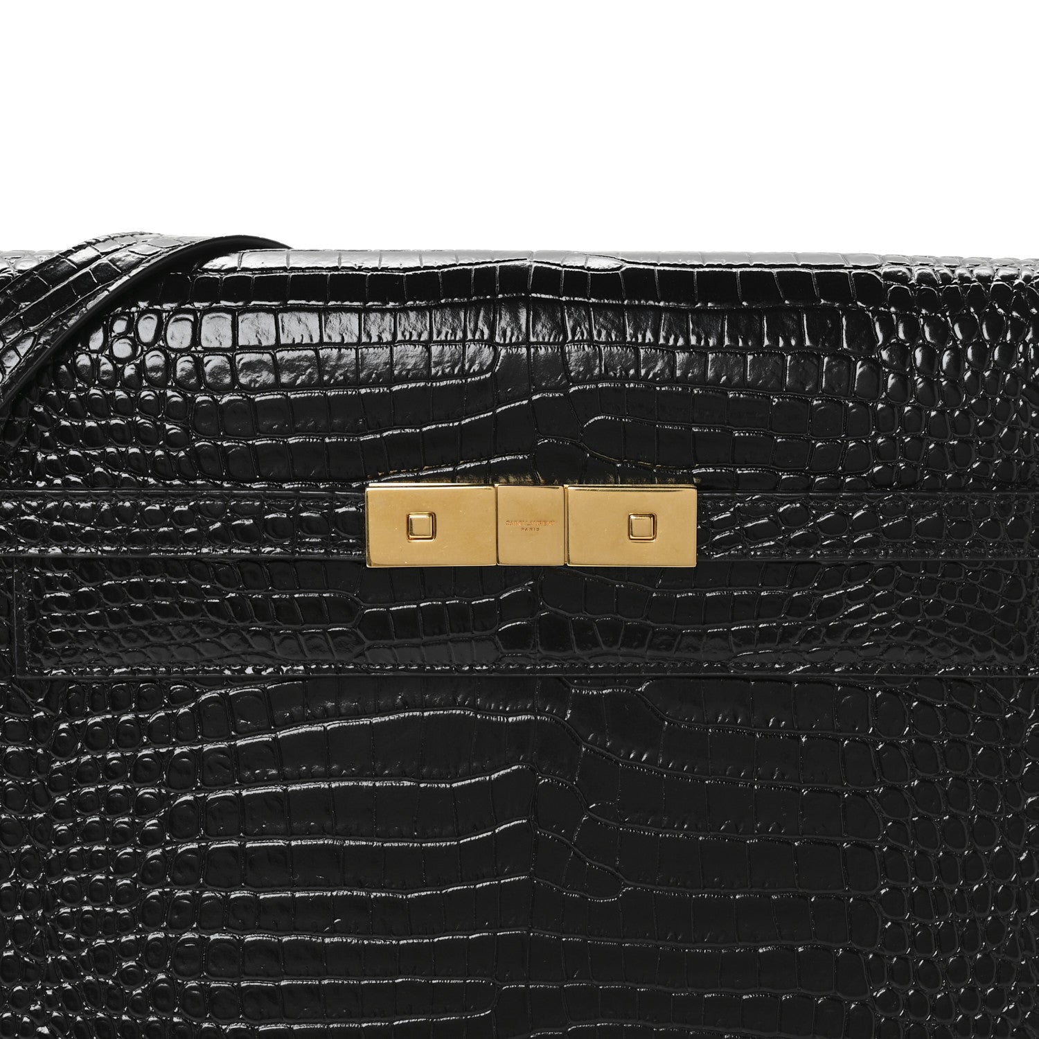 Saint Laurent Shiny Calfskin Crocodile Embossed Manhattan Baguette Black 8 of 10