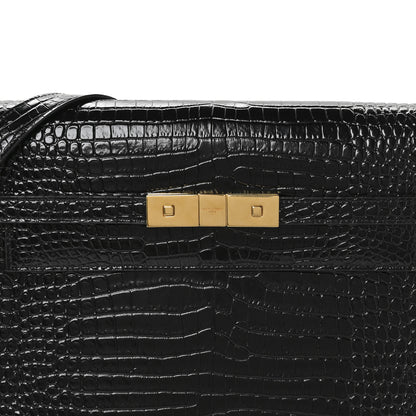 Saint Laurent Shiny Calfskin Crocodile Embossed Manhattan Baguette Black 8 of 10