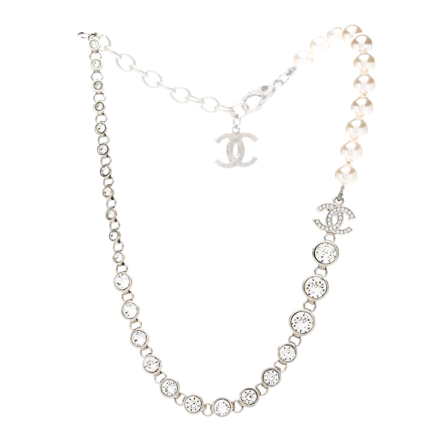 Pearl Crystal CC Choker Necklace Silver Pearly White