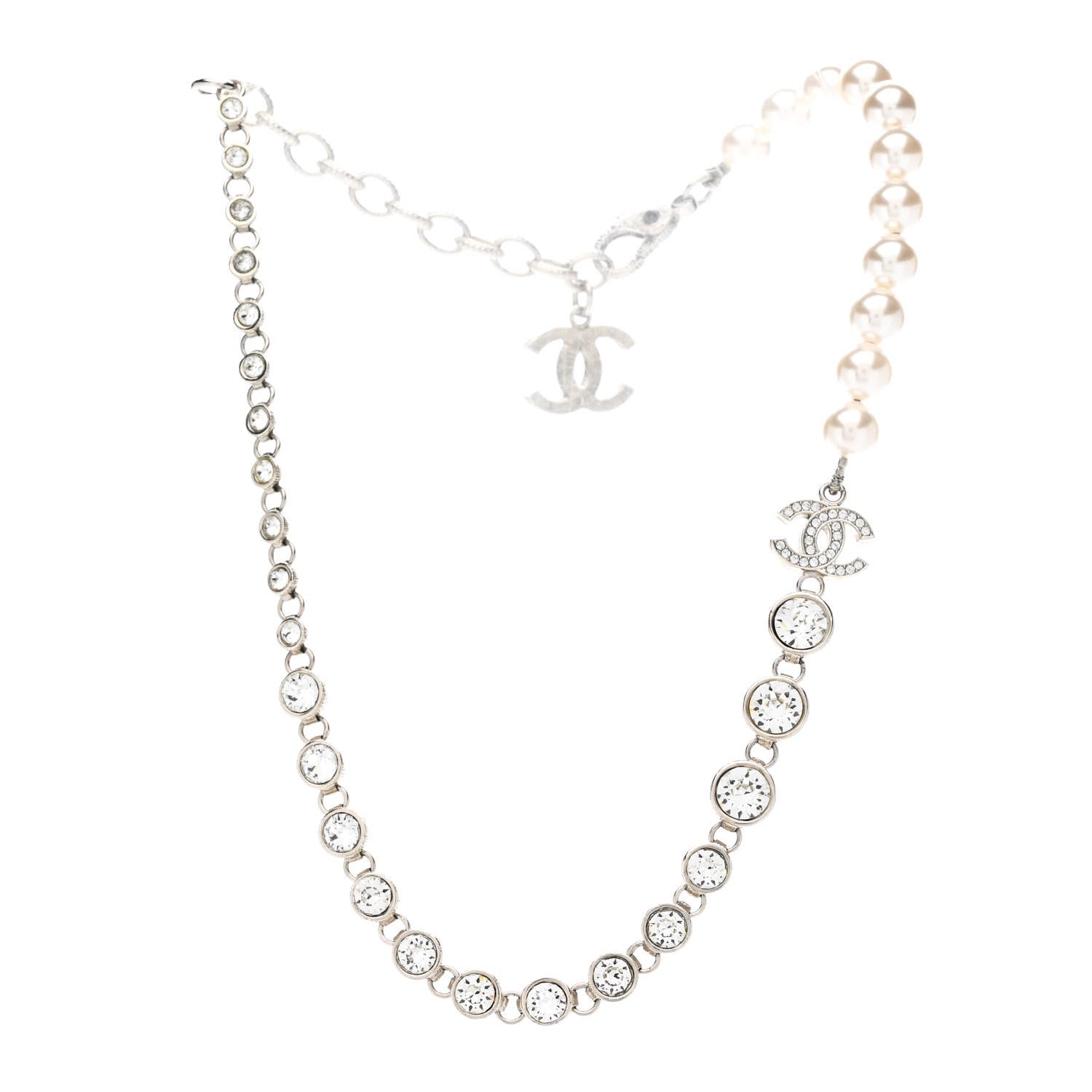 Chanel Pearl Crystal CC Choker Necklace Silver Pearly White 3 of 7