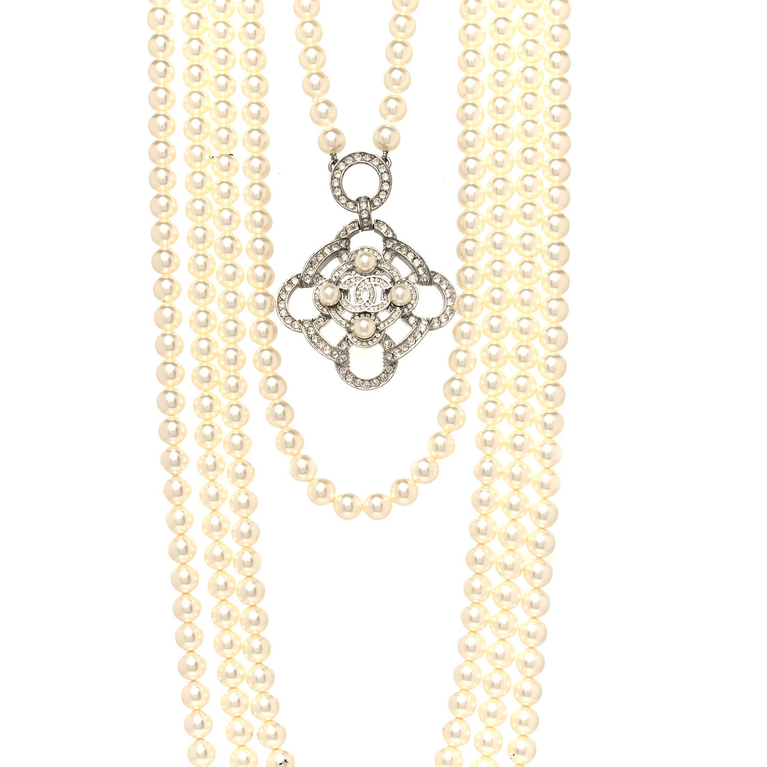 Chanel Pearl Crystal CC Multi Strand Necklace Silver 3 of 11
