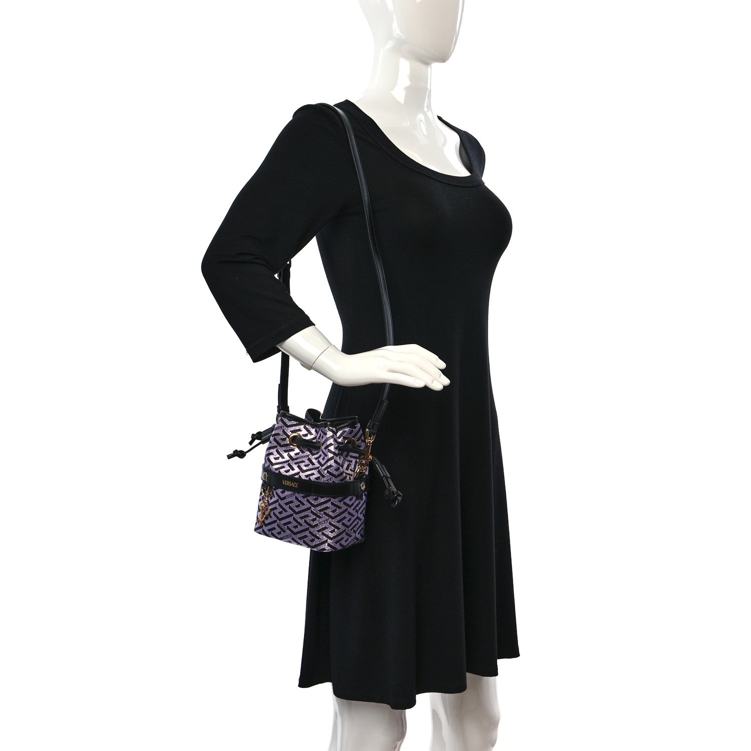 Versace Coated Canvas La Greca Glitter Print Mini Bucket Bag Orchid Black 2 of 8