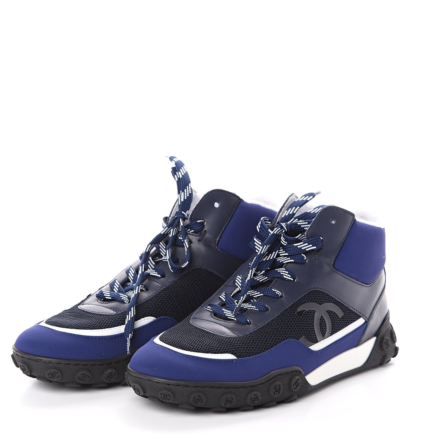 Chanel Calfskin Mesh Lycra Womens Logo High Top Sneakers 37 Navy 3 of 7