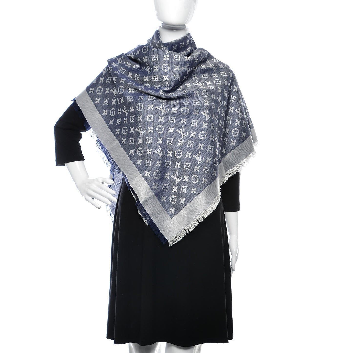 Wool Silk Monogram Denim Shawl Blue