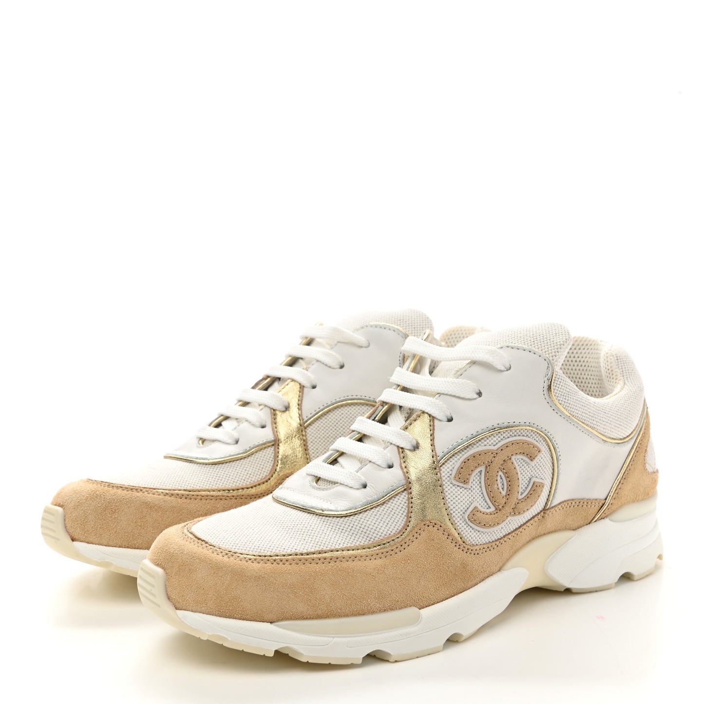 Suede Calfskin CC Sneakers 37.5 Beige Gold