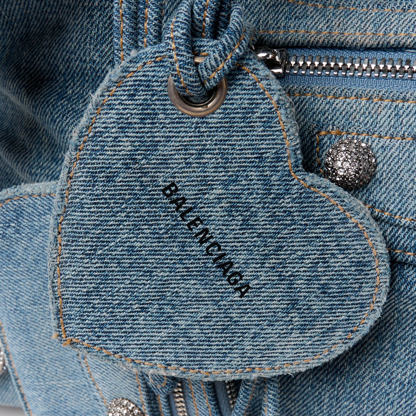 Washed Frayed Denim Crystal Neo Cagole City Handbag Blue