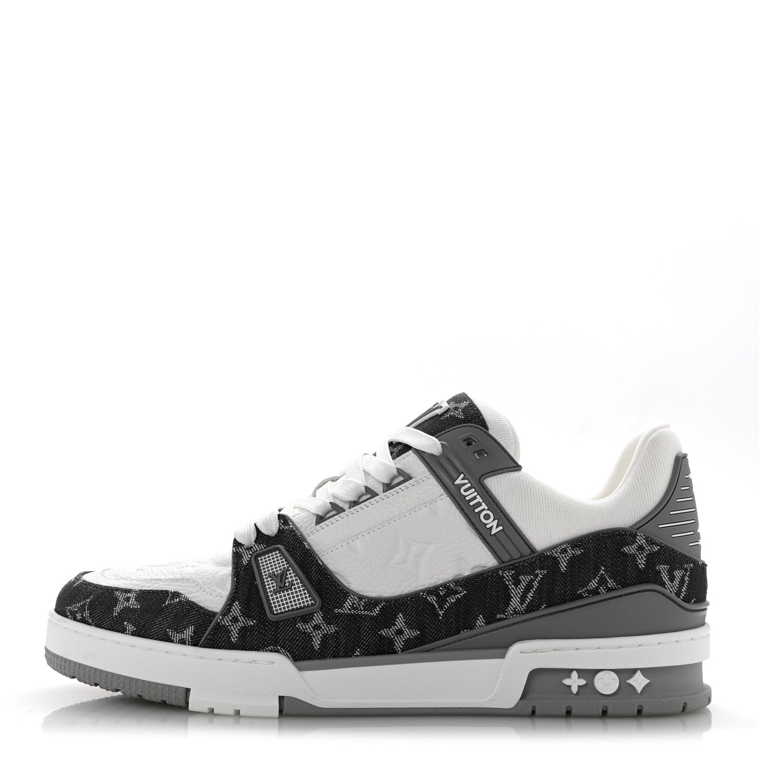 Louis Vuitton Calfskin Embossed Monogram Denim Mens LV Trainer Sneakers 10 Grey 1 of 9