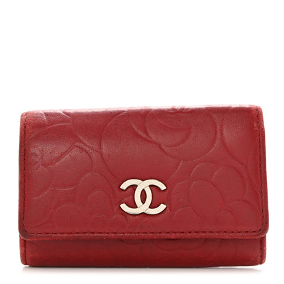 Chanel Lambskin Camellia Embossed 4 Key Holder Dark Red 1 of 14