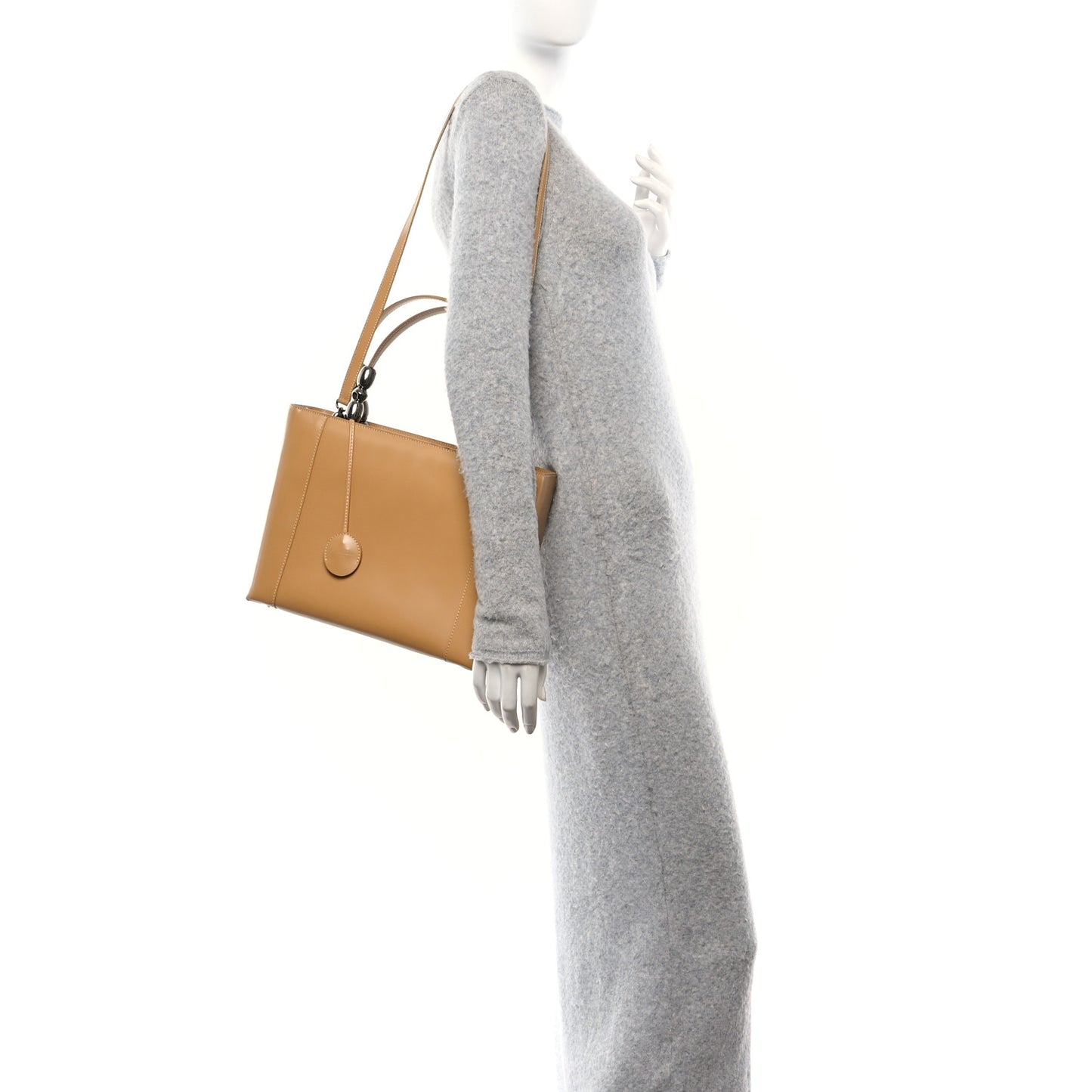 Patent Chrome Beaded Malice Tote Beige