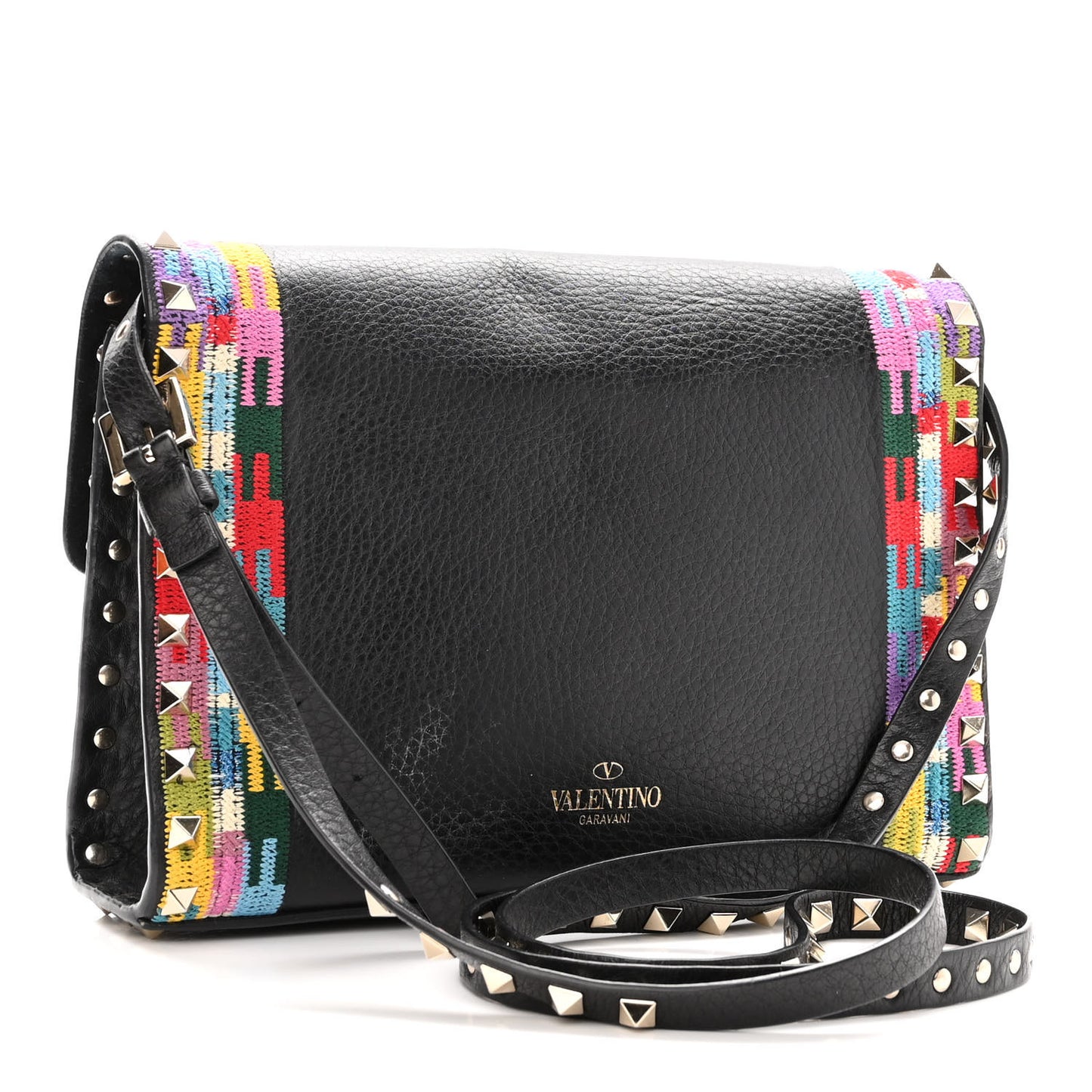 Pebbled Calfskin Embroidered Medium Rockstud Flip Lock Crossbody Bag Black