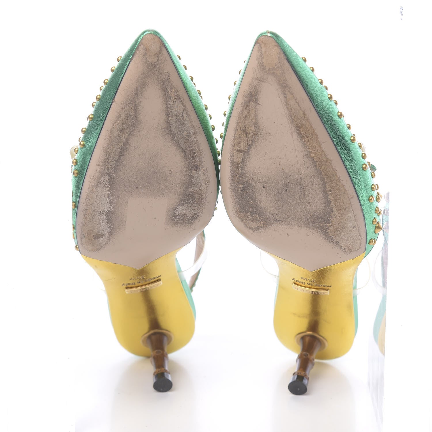 Gucci Metallic Calfskin Studded Unia Pointed Toe Low Heel Slingback Pumps 35.5 Green 5 of 12