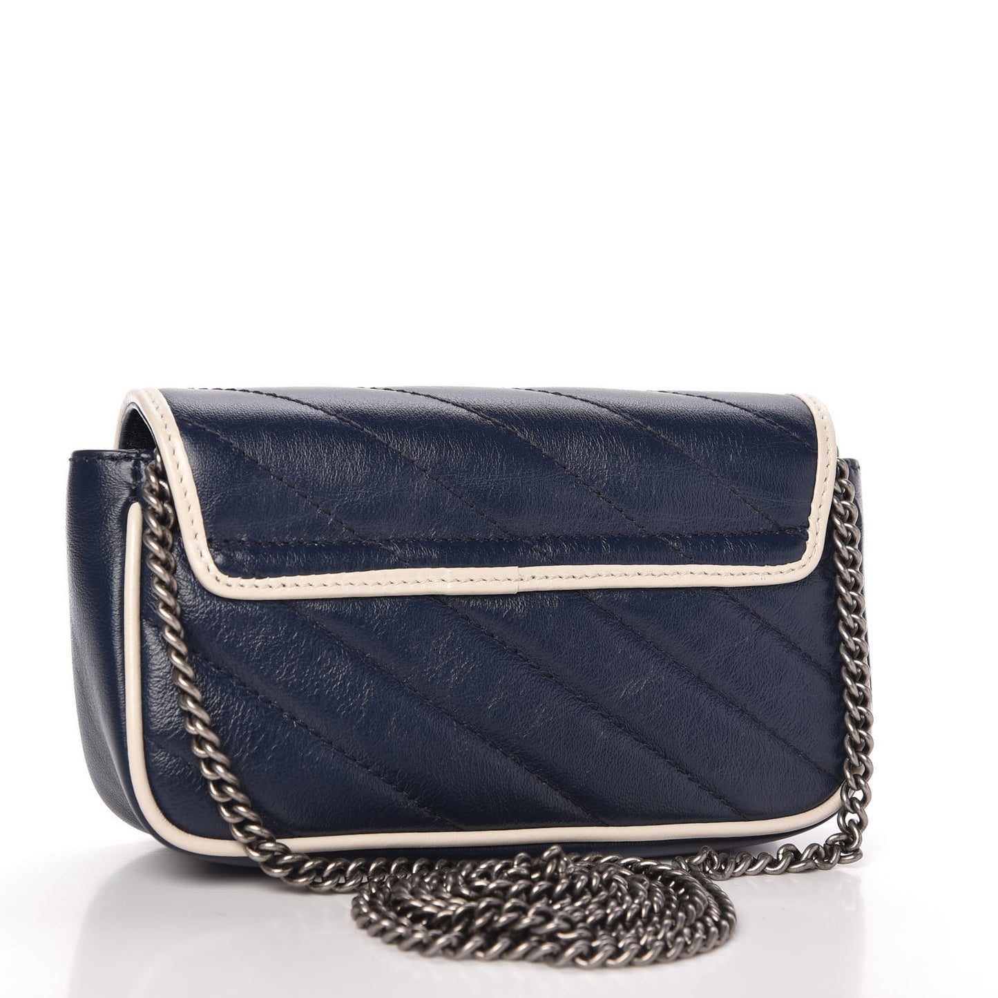 Vintage Effect Calfskin Matelasse Diagonal Super Mini Torchon GG Marmont Shoulder Bag Blue Agata Mystic White